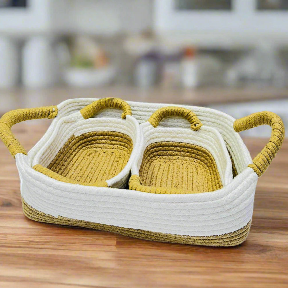 Lot de 3 Paniers de Rangement en Corde de Paille & Coton avec Poignées  🌿