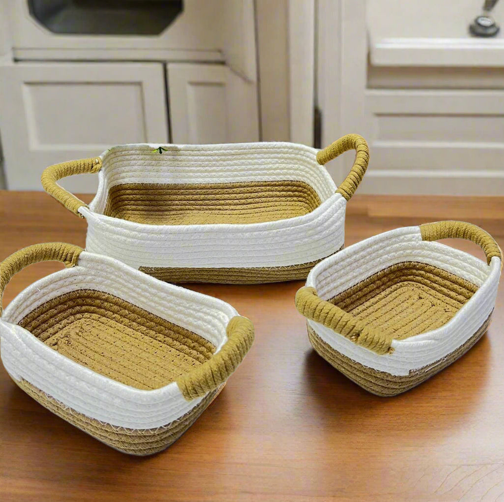 Lot de 3 Paniers de Rangement en Corde de Paille & Coton avec Poignées  🌿