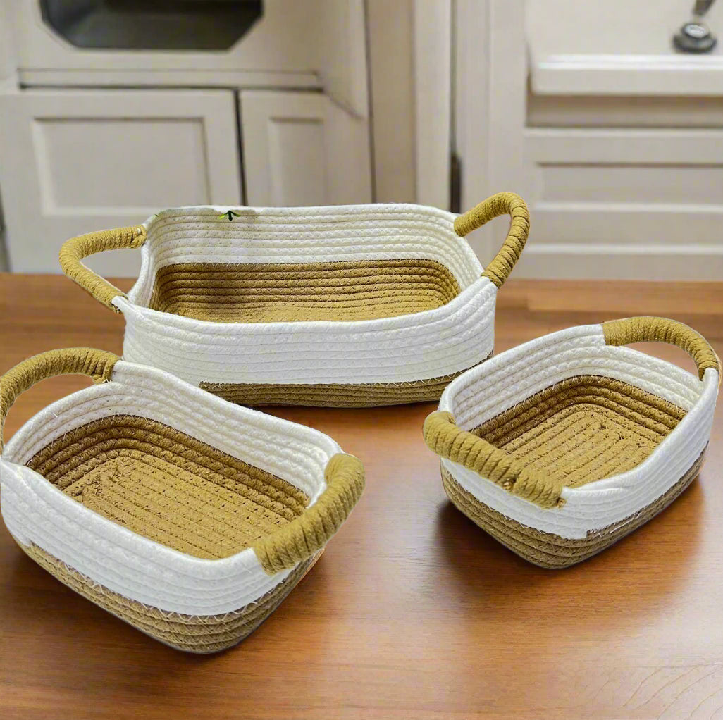 Lot de 3 Paniers de Rangement en Corde de Paille & Coton avec Poignées  🌿