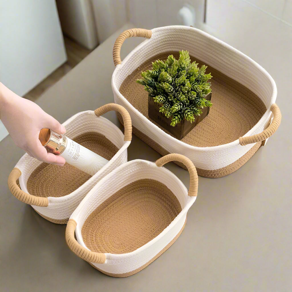 Lot de 3 Paniers de Rangement en Corde de Paille & Coton avec Poignées  🌿