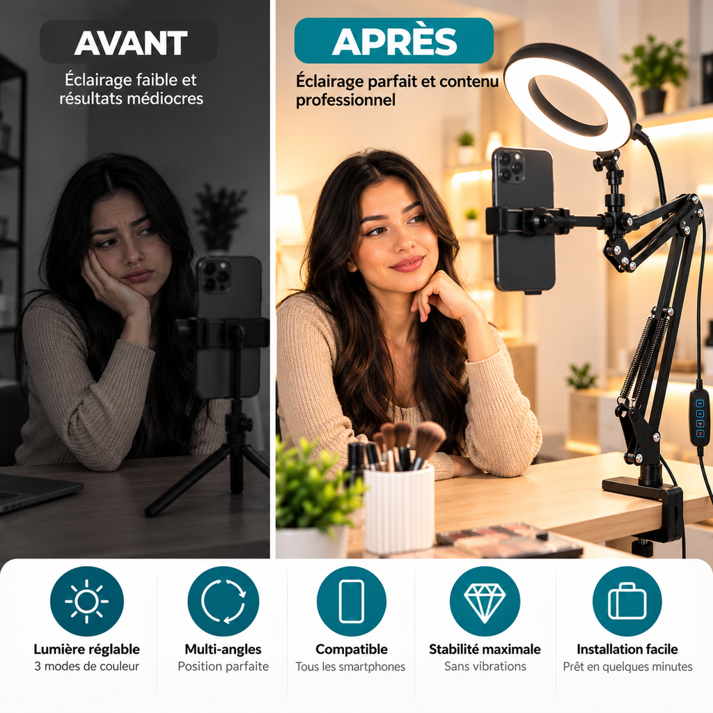 FlexiStudio – Support Téléphone Articulé avec Ring Light LED Stable & Multi-Angles