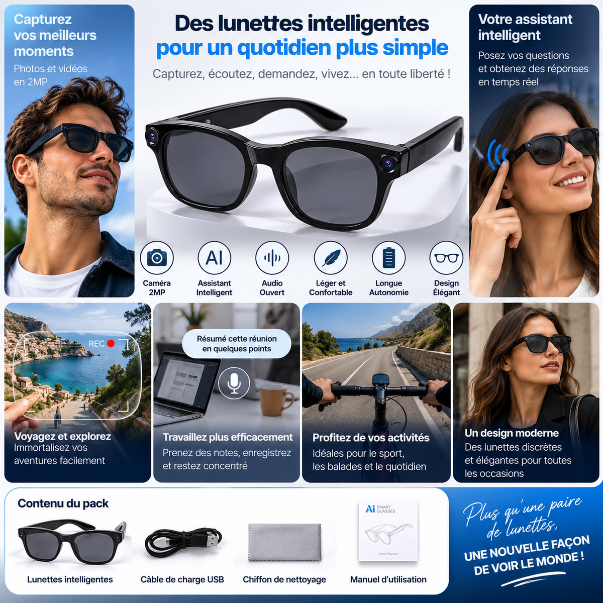 AI Smart Glasses – Lunettes Intelligentes avec Caméra 2MP & Assistant IA