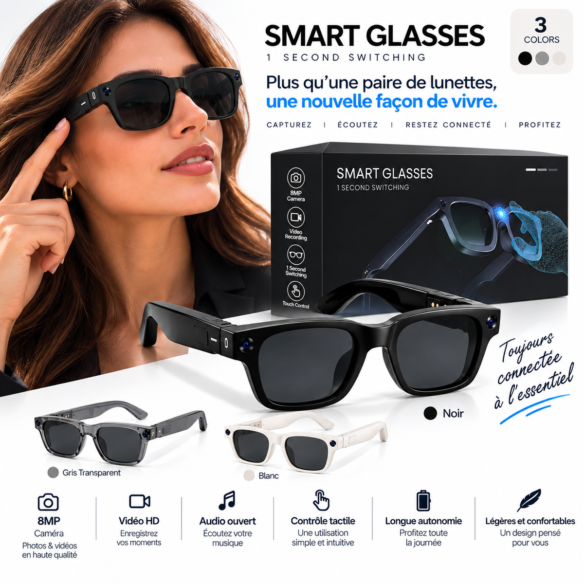 Smart Glasses 8MP – Lunettes Intelligentes avec Caméra & Contrôle Tactile