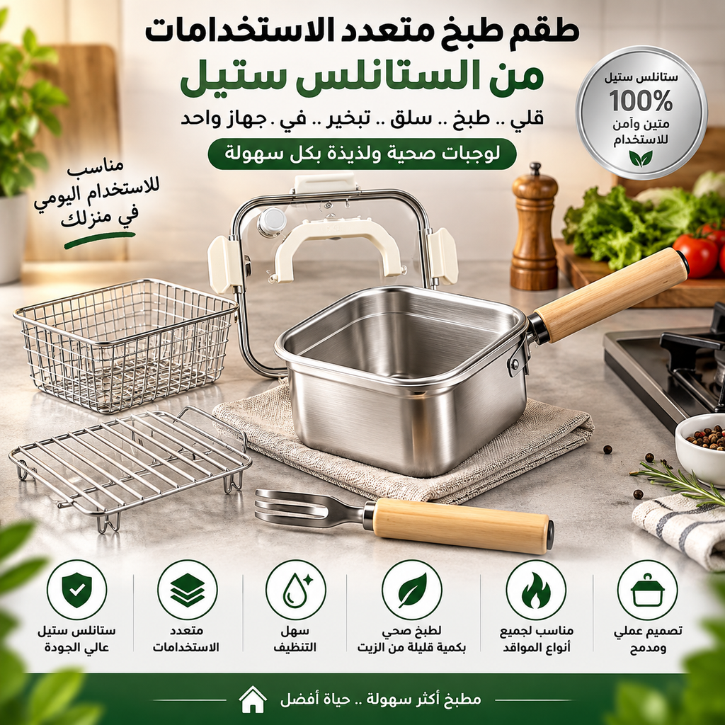 طقم طبخ متعدد الاستخدامات 4 في 1 من الستانلس ستيل – للقلي والسلق والتبخير والطبخ