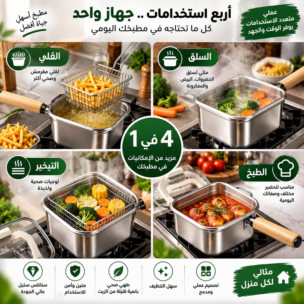 طقم طبخ متعدد الاستخدامات 4 في 1 من الستانلس ستيل – للقلي والسلق والتبخير والطبخ