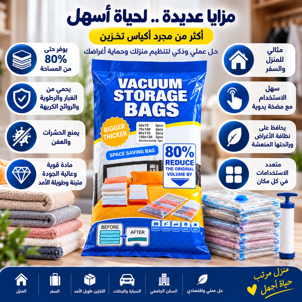 أكياس تخزين مفرغة من الهواء مع مضخة – لتوفير حتى 80% من المساحة