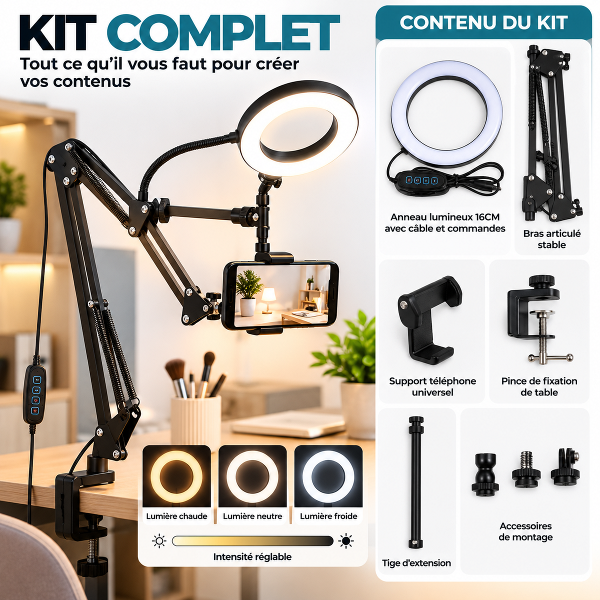 FlexiStudio – Support Téléphone Articulé avec Ring Light LED Stable & Multi-Angles