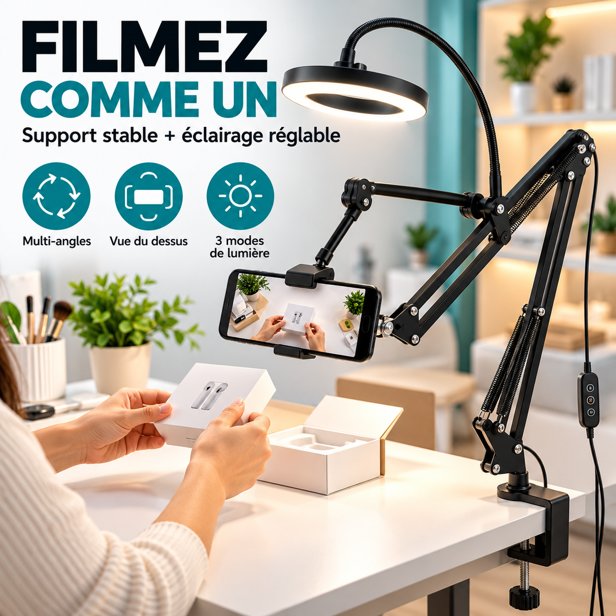 FlexiStudio – Support Téléphone Articulé avec Ring Light LED Stable & Multi-Angles