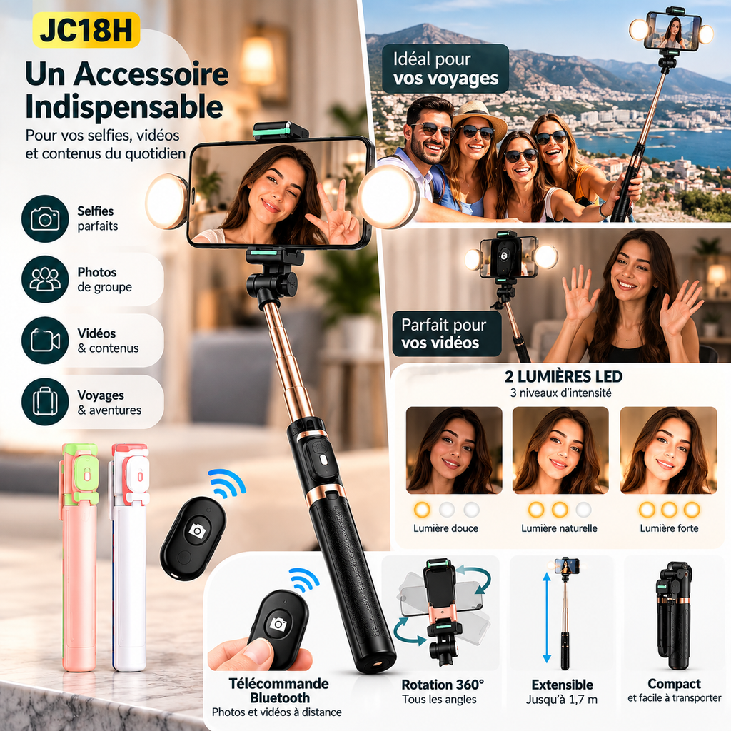 Perche à Selfie Extensible avec 2 Lumières LED et Télécommande Bluetooth – Support Smartphone Multifonction
