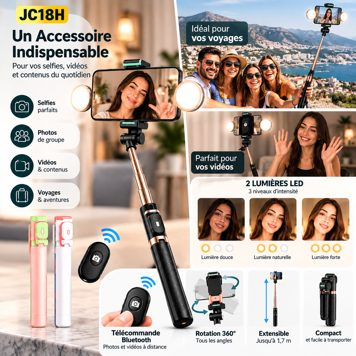 Perche à Selfie Extensible avec 2 Lumières LED et Télécommande Bluetooth – Support Smartphone Multifonction