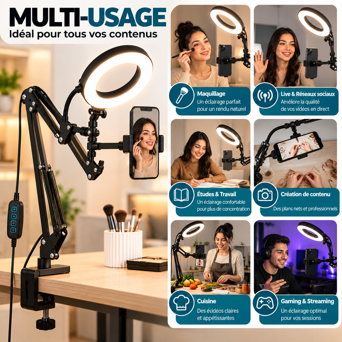 FlexiStudio – Support Téléphone Articulé avec Ring Light LED Stable & Multi-Angles