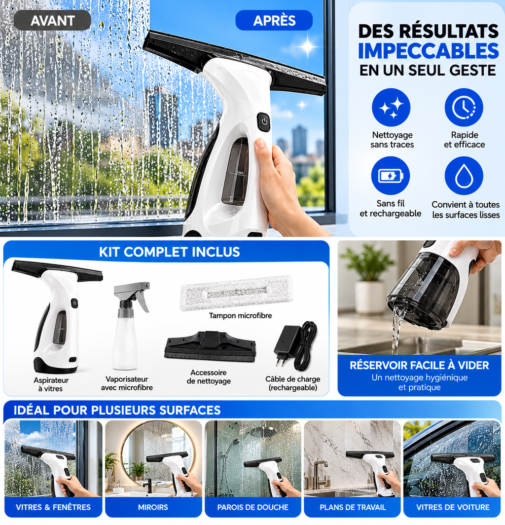 Nettoyeur de Vitres Électrique Sans Fil – Aspirateur d’Eau Rechargeable Multifonction