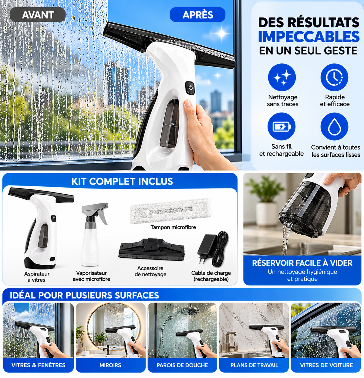 Nettoyeur de Vitres Électrique Sans Fil – Aspirateur d’Eau Rechargeable Multifonction