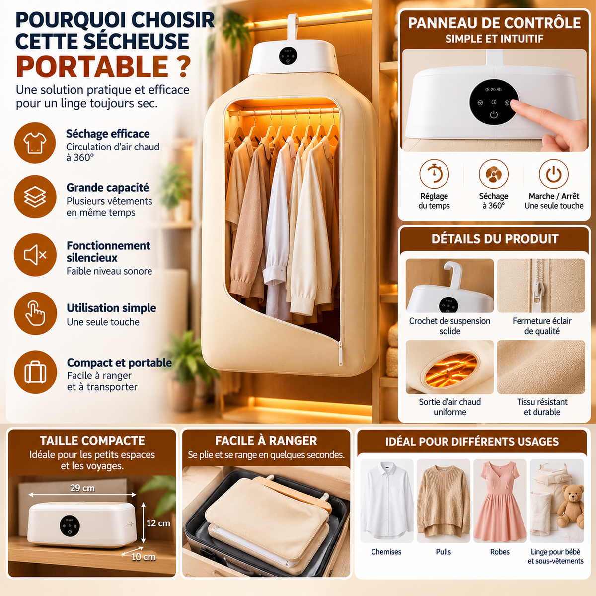 Sèche-Linge Portable Électrique – Séchage à Air Chaud, Compact et Pratique
