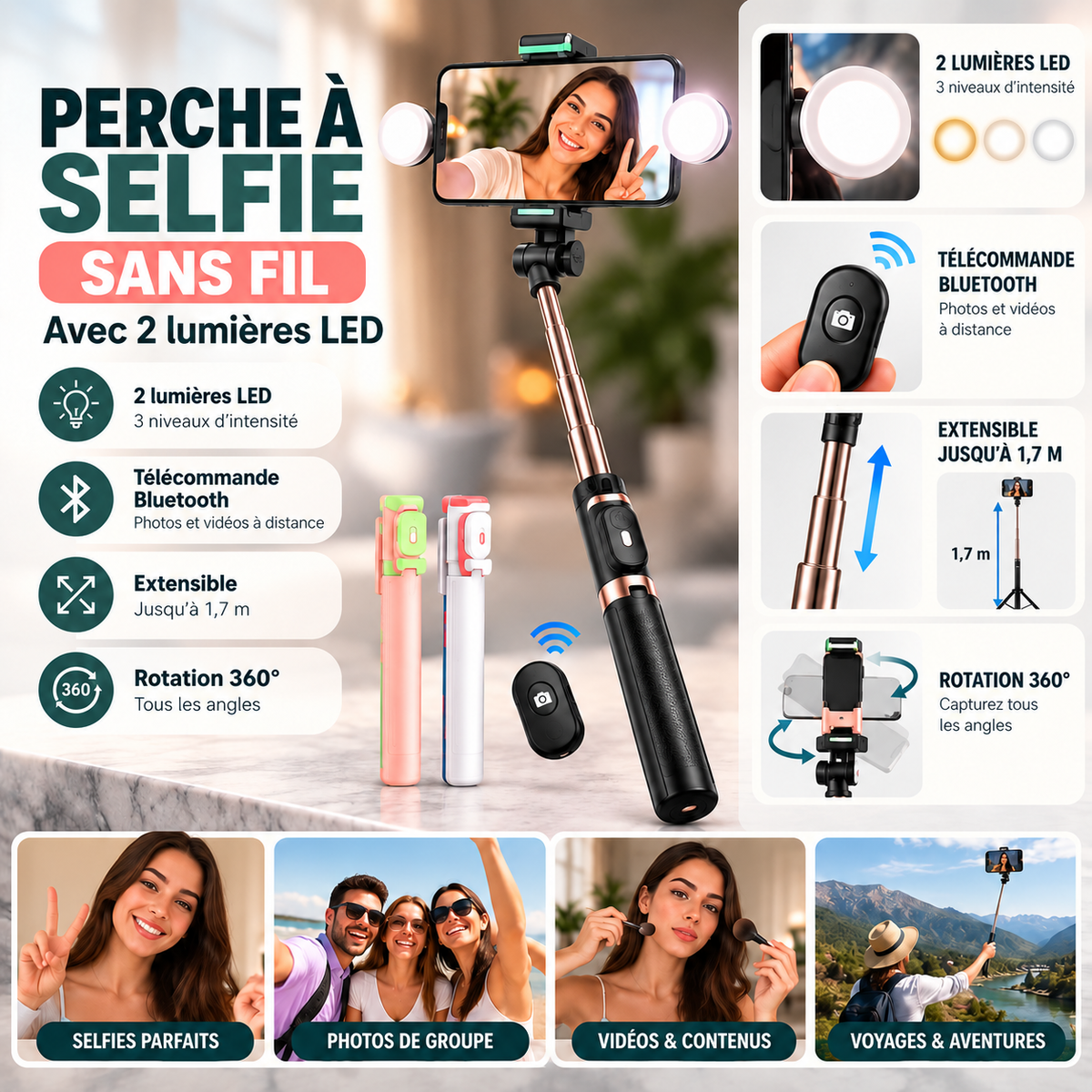 Perche à Selfie Extensible avec 2 Lumières LED et Télécommande Bluetooth – Support Smartphone Multifonction