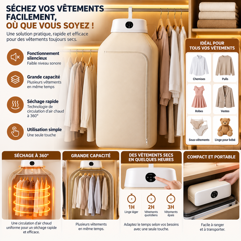 Sèche-Linge Portable Électrique – Séchage à Air Chaud, Compact et Pratique