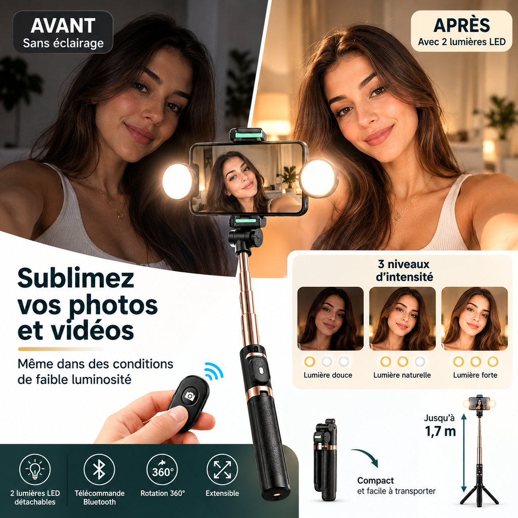 Perche à Selfie Extensible avec 2 Lumières LED et Télécommande Bluetooth – Support Smartphone Multifonction