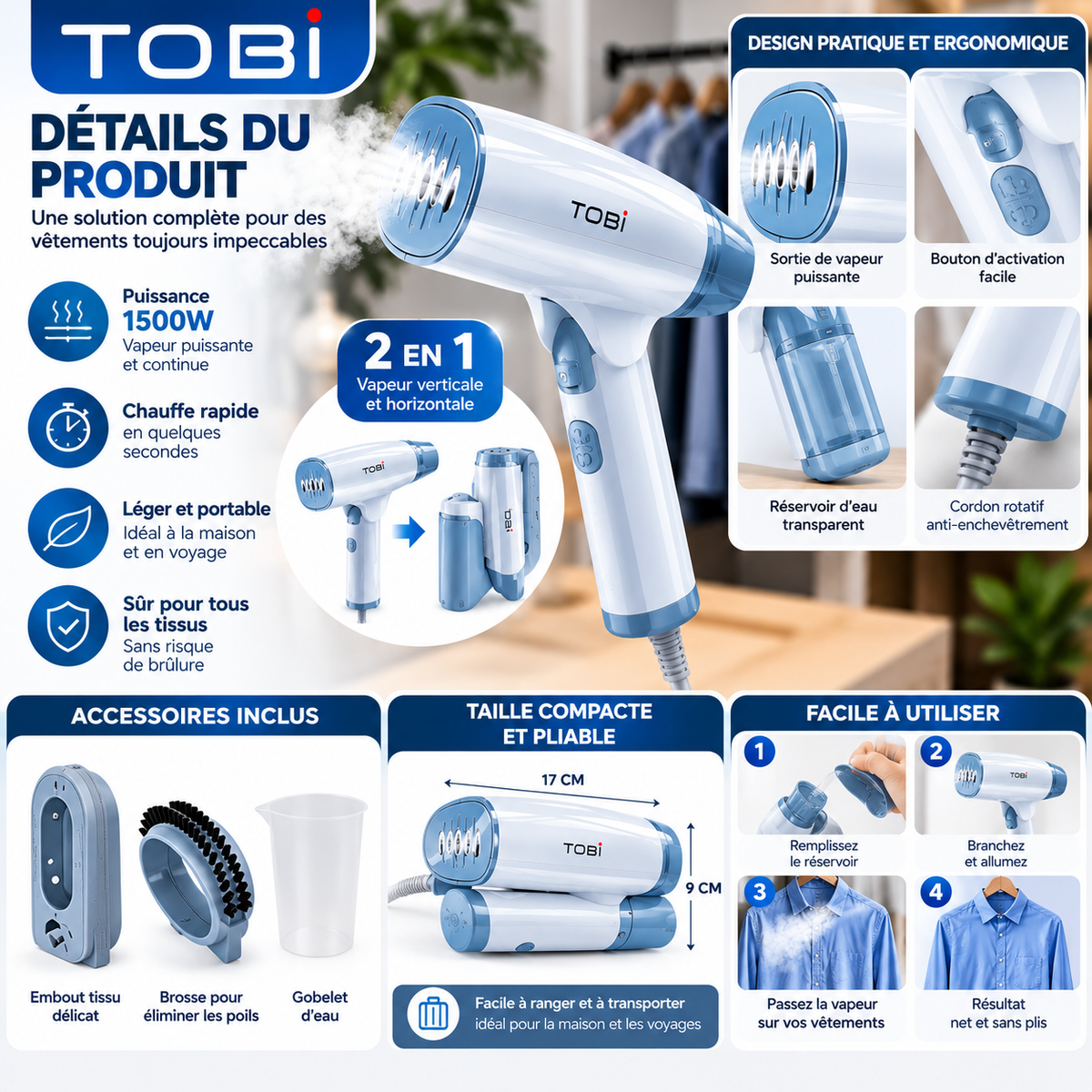 Défroisseur Vapeur Portable 1500W | Compact & Pratique