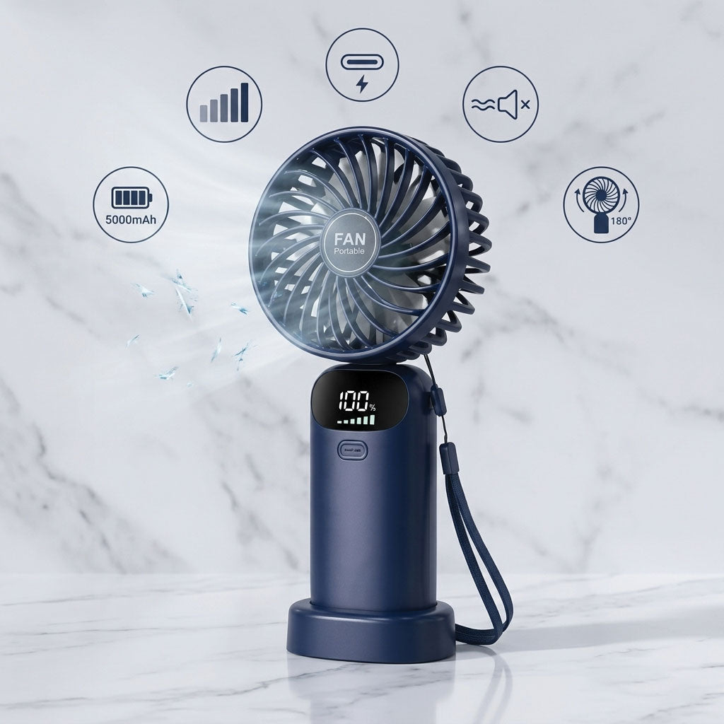 Mini ventilateur portable sans fil rechargeable par USB avec affichage numérique